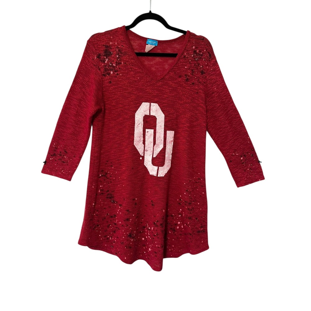 Michael Stars OU Oklahoma Sooners Tunic Top V Neck 3/4 Sleeve Red Medium